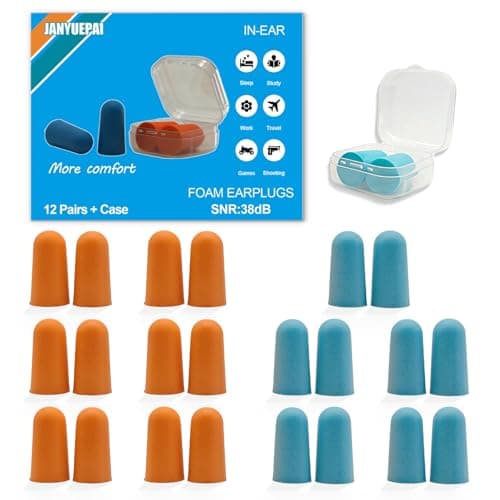 12 Pairs Foam Ear Plugs, 38dB SNR Noise Cancelling, Transparent Case, Blue & Orange Earplugs for Sleep, Travel, Work & Concerts