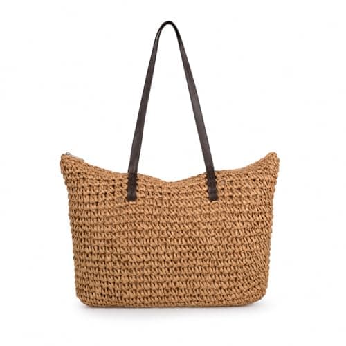 Large Straw Woven Summer Beach/Shopper Tote Handbag (Brown)
