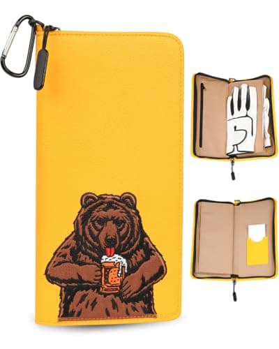 LZFAN Golf Glove Holder Case for Accessories Portable Golfer Gifts for Men & Women Caddy Organizer Case with Storage Slots for Cards, Tees & Ball Markers Embroidered Beer Bear, Yellow
