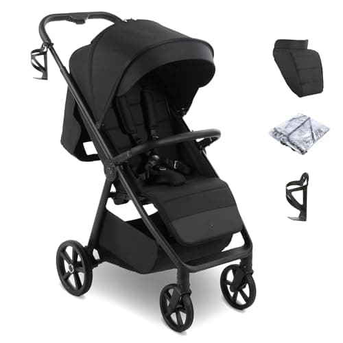 My Babiie MB170 Plus Pushchair – from Birth to 4 Years (22kg), 4-Wheel Suspension, Large Basket, XL Canopy, Foldable, Compact, Stroller with Footmuff, Cup Holder, Rain Cover – Black