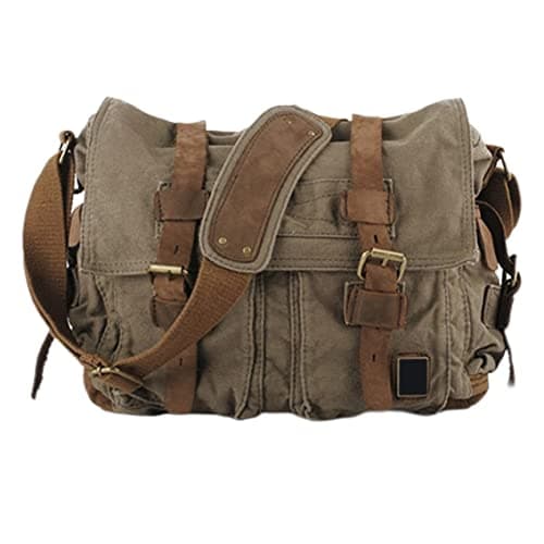 Canvas Messenger Bag, Vintage Leather Trim, Army Green, 32cm Water Bottle