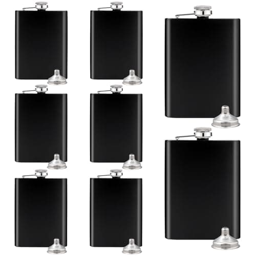 8 Pack 8 Oz Hip Flask for Liquor Matte Black Stainless Steel Leakproof with 8 Funnel for Gift, Fishing, Camping, Hunting, Hiking, Wedding Party, Traveling(Black)