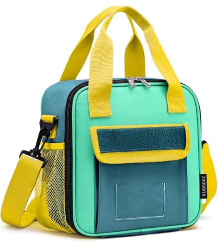 Kuosdaz Lunch Box for Kids, Large Double-Insulated Lunch Bag for Boys, Cooler Bag Back to School Thermal Reusable, Cute Preppy Students Lunch Tote Pail with Water Bottle Holder, Blue & Green
