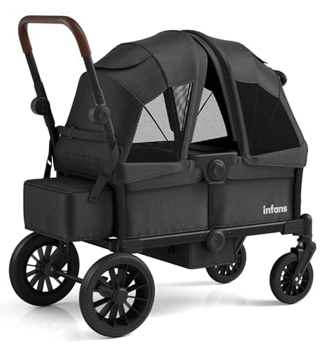 INFANS Wagon Stroller for 2 Kids, Collapsible Adjustable Push Pull Handle Bar, 2 Seater Stroller Wagon with Removable Canopy Snack Tray, Comfortable Drop-Down footwell and Upholstered Seats (Black)
