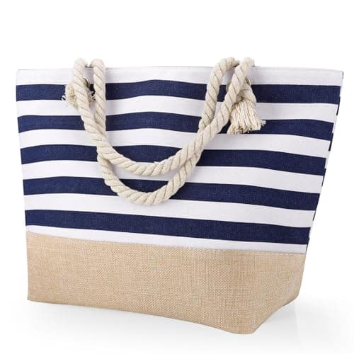 ViEinkaufen Waterproof Beach Bag,Navy Blue Beach Bags for Women with Zipper