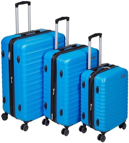 Amazon Basics Hard Shell Luggage Set (Small + Medium + Large) - Expandable ABS Travel Luggage with 4 Double Spinner Wheels - Scratch Resistant and Lightweight Construction - Light Blue