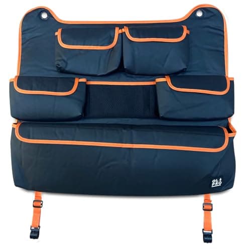 OLPRO Rear Double Car Seat Organiser – Orange – Back Seat Storage with Closable Pockets, Mesh Panel & Easy Install – Car Seat Organiser for Kids, Long Journeys, Vans, Motorhomes