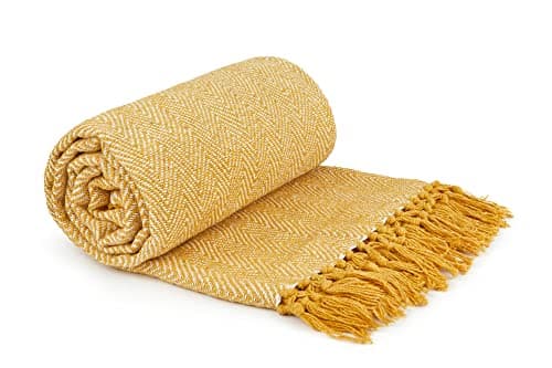 Emma Barclay Herringbone - Recycled Cotton Patterned Chair Sofa Setee Bed Throw Over Blanket in Ochre Yellow - 50x60 (127x152cm)