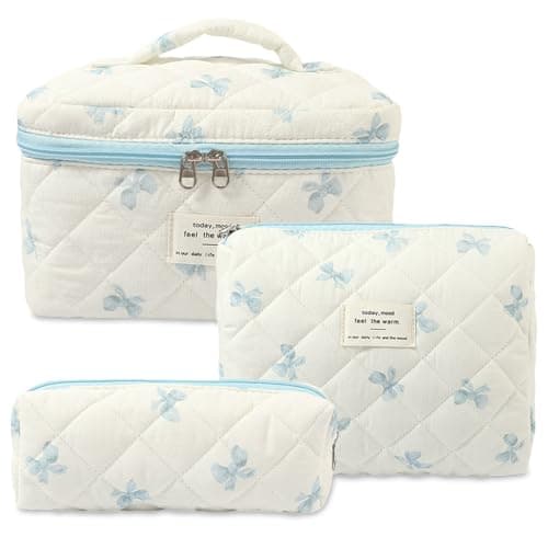 Aucuu 3PCS Coquette Makeup Bag, Quilted Makeup Bag for Women, Floral Cotton Cosmetic Bag Set, Large Capacity Aesthetic Floral Toiletry Bag, Travel Toiletry Bag, Wash Organizer Pouch for Women Girls