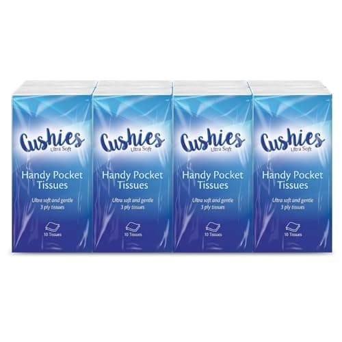 Cushies Pocket Tissues 8 Pack Multipack, 80 Soft 3 Ply Paper Hankies, Travel Size Tissue Pocket for Handbag, Car, School Bag, Ideal for Colds and Hay Fever
