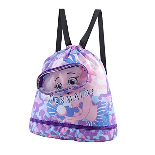 EQLEF Drawstring Bag Kids Swimming Bag, Waterproof Swim Bag Girls Swimming Bag Dry-Wet Separation Beach Backpack with Zippered Pocket Shoe Compartment Sports Gym PE Beach Bag for Girls