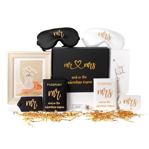 CHOIEO Mr and Mrs Honeymoon Travel Gift Set, Includes Embroidered Passport Covers, Luggage Tags, Eye Masks, Sand Keepsake Jar, Picture Frame, Honeymoon Funds Envelope