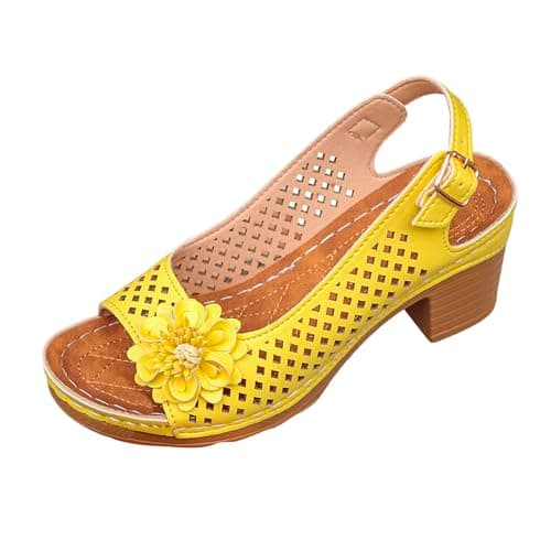 Generisch Sandals Women's Comfortable Casual Shoes Open Toe Hollow Flower Wedge Heel Slippers Sandals, yellow, 6 UK