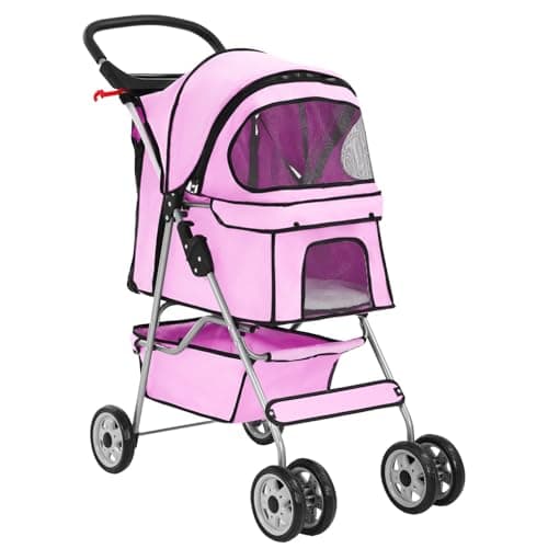 BestPet 4-Wheel Pet Stroller Dog and Cat Stroller Breathable Mesh Lightweight Travel Carrier Waterproof & Foldable Design Storage Basket for Daily Walks & Outdoor Use,Pink