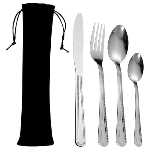 4 PCS Stainless Steel Camping Cutlery Set with Carrying Bag|Travel Cutlery SetsKnife, Fork and Spoon Sets|Reusable Cutler'y SetsFor Weddings, Picnics and Office Lunches Cutlery' Sets