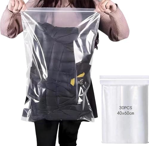 30 Pcs Clear Zip Lock Clothes Bags Large Travel Clothes Storage Bags, Large Travel Zip Lock Seal Storage Bags, Reusable Clear Plastic Bags for Organising, Shoes and Cosmetics, Size 40x60cm