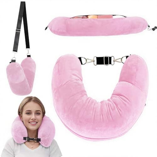 Stuffable Neck Pillow for Travel, 80 * 18.5cm Stuffable Travel Pillow with Adjustable Straps, Travel Pillow Stuffable with Clothes, Neck Pillow Stuffable for Extra Luggage Travel Essentials(Pink)