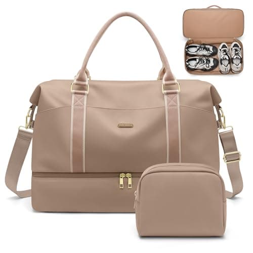 Weekender Bags for Women, Carry On Travel Duffel Bag with Shoe Compartment & Toiletry Bag, 46L Overnight Bag Gym Hospital Bags for Labor and Delivery (Champagne)