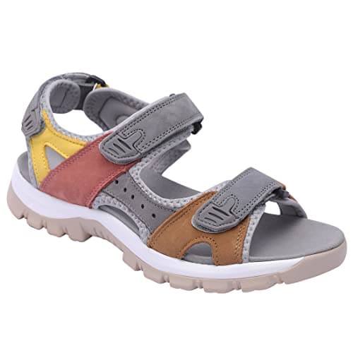 Harssidanzar Women's Sports Hiking Sandals Adjustable Strap Leather Sandals For Women Outdoor Sports Sandals Walking SL256UK,Tan Grey,Size 4 UK
