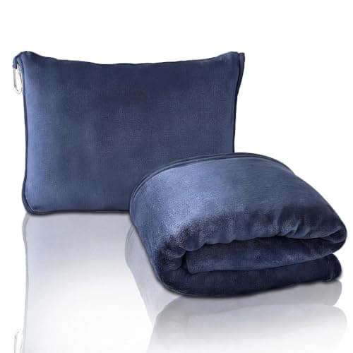 Eulihent Travel Blanket and Pillow 2 in 1 Airplane Blanket Ultralight Compact Foldable Soft Flannel Blanket with Luggage Belt and Backpack Clip for Long Flights, Camping, Car, Business Trips (Blue)