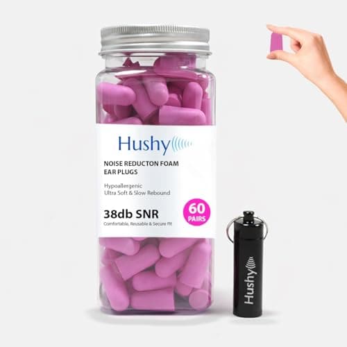 Hushy Premium Earplugs -120-Pack Foam Earplugs for Sleep, Noise Cancelling Ear Plugs with 38dB SNR, Ultra Soft Hypoallergenic Ear Plugs for Sleeping, Study & Travel (Dark Pink, One Size)