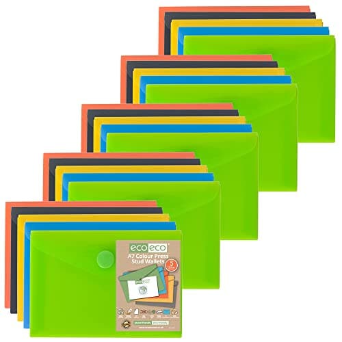 eco-eco A7 50% Recycled Assorted Colours Press Stud Popper Wallet, Plastic Folders (Pack of 25), 105mm x 74mm, eco077x25