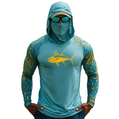 Men's Hoodies UPF 50+ Sun Protection Performance Long Sleeve T-Shirt Breathable Rash Guard Fishing Shirt Printed Designer Hooded Tops Summer Lightweight Sport Tops with Mask (Mint Green-B, M)