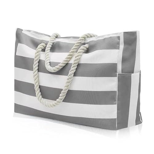 Megcdtr Large Beach Bag, Stripe Tote Bag with Zip(Grey and White)