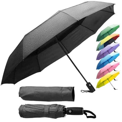 ZENO Compact Travel Umbrella – Sun Umbrella UV Protection, Small Automatic Folding Umbrella for Backpack & Handbag, Windproof with Reinforced Fibreglass Ribs, Water-Repellent Coating, Black
