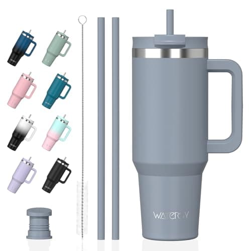 WATERSY 40oz Travel Mug Coffee Cup with 2 Straws, Tumbler Lid and Handle, Stainless Steel Double Wall Vacuum Insulated Coffee Water Bottle Thermal for Cold Hot Coffee 1182ml Light Gray Blue