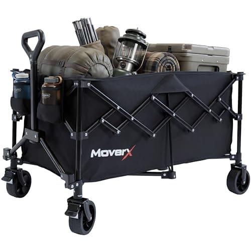 MoverX 220L Festival Trolley on Wheels, Folding Wagon, Portable Camping Cart, Collapsible Foldable Trolly for Beach Outdoor Garden Picnic Shopping Fishing, Wide Wheels, Adjustable Handle, Black