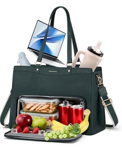 RAINSMORE Teacher Bag 15.6 Inch Laptop Bag with Lunch Compartment PU Leather Laptop Tote Bags for Women Professional Work Bag for College Office DeepGreen