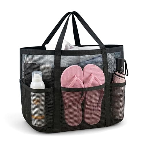 flintronic Women's Mesh Beach Bag, Large Tote Bag, Lightweight Pool Bag with 8 Pockets, Foldable Travel Bag for Swimming, Picnic, Gym, Shopping and Daily Use(59×39×21cm)