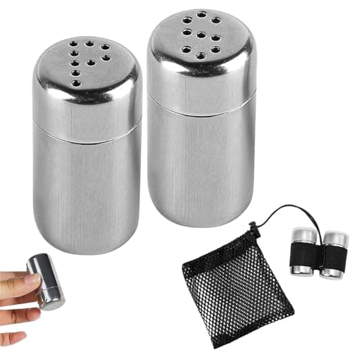 ZenithQuest 2 Pack Stainless Steel Camping Salt and Pepper Shakers Set, Mini Leakproof Spice Seasoning Pots with Clear Lid, Lightweight Travel Condiment Set for Kitchen, BBQ, Hiking & Outdoors