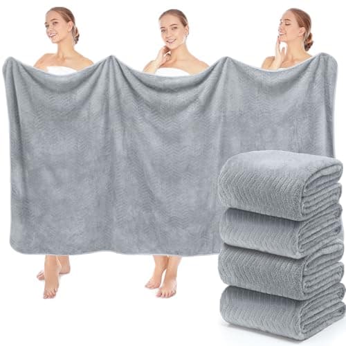 SmoothNovelty 4 Pack 40 x 80 Inch Jumbo Extra Large Bath Sheet Towels Set, Oversized Quick Dry Coral Fleece Bath Sheet Absorbent and Soft Lightweight Towels for Home, Gym, Travel, Beach (Light Gray)
