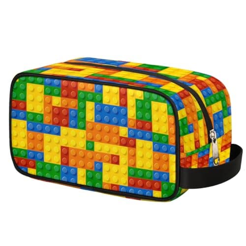 Travel Toiletry Bag for Boys Kids, Colourful Building Blocks Waterproof Hanging Cosmetic Hygiene Bags for Men, Shaving Kit with Large Capacity for Bathroom, Sports, Shower