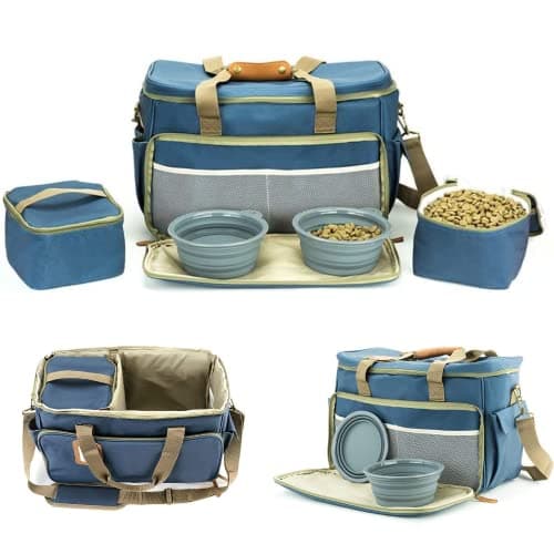 Posh Pooch Dog Travel Bag Pet Multi-Use Dog Outdoor Bag with Locking Safety Zippers, Food and Accessory Bag for Traveling For Dogs, Cats & Pets Includes Bowls, Matt, Tag & Shoulder Strap (Blue)