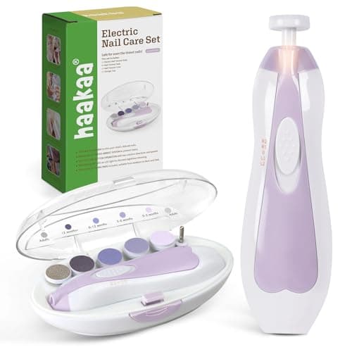 haakaa Baby Nail Trimmer Electric Baby Nail File Kit with LED Light, Baby Nail Clippers for Newborn/Infants/Adults Toenails and Fingernails, 6 Replacement Heads & Storage Case, Lavender