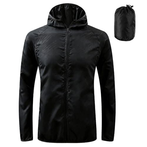 ADUDVLO Men's Lightweight Waterproof Jacket with Pockets, Packable Hooded Windproof Rain Jacket for Travel, Running & Hiking – Includes Carry Pouch (UK, Alpha, S, Regular, Regular, Black)