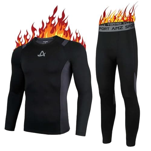 AMZSPORT Mens Thermal Base Layer Set Warm Fleece Lined Winter Underwear Breathable Long Johns Compression Long Sleeve Top & Bottom Black S