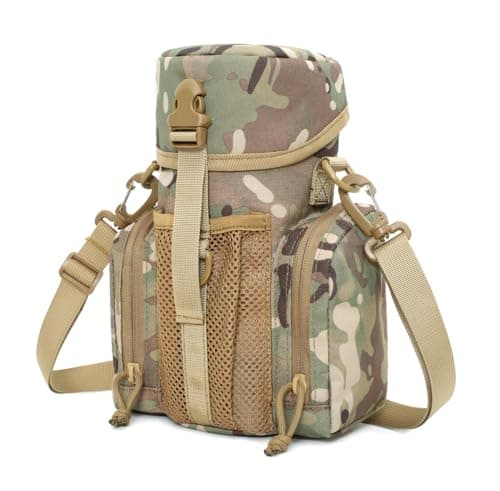 Gexgune Molle Water Bottle Pouch for 64 oz Wide Mouth Bottles - Military Grade Hydration Carrier with Adjustable Shoulder Strap, 2 Zipper Pockets & Front Mesh Pocket (CP)