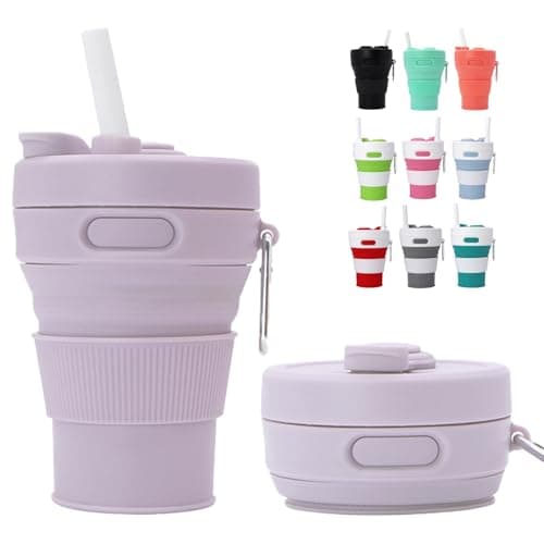 MORAINJAY Collapsible Coffee Cup with Lids,15oz/450ml Purple Silicone Portable Reusable Coffee Mug,Foldable Camping Travel Cup Fits in Your Pocket(Collapses to 6cm)