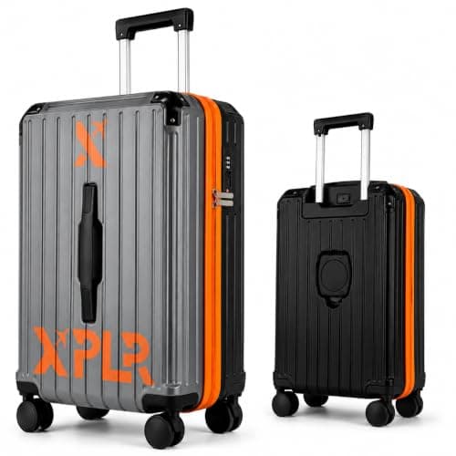 XPLR 55x34x24cm Cabin Suitcase - Hard Shell 20" Carry On Bag Luggage - USB Charging Port - Cup Holder - TSA Lock - 360° Wheels - Lightweight 2.8kg Hand Luggage for Travel (Adventure Orange)