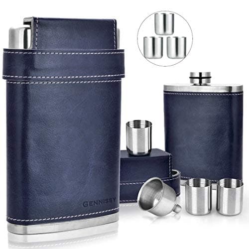 GENNISSY 8oz Hip Flask for Men - 304(18/8) Stainless Steel Bourbon Whiskey Flask, Leakproof with Navy Blue Leather Wrap - Includes Funnel & 3 Mini Cups for Dad, Gifts, Travel