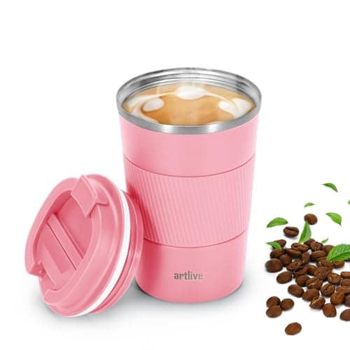 Artlive Coffee Cup, Reusable, Insulated & Double Wall Travel Mug - Travel Cup Thermal Stainless Steel Eco-Friendly with Lid - Hot & Cold Coffee Mug (PinkGrip, 380 ml)