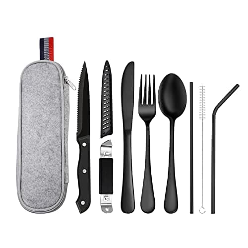 GOODFEER Travel Cutlery Set, 9-Piece Portable Camping Utensils, Black