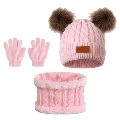 SSKHE 3Pcs Kids Winter Warm Beanie Hat Scarf Gloves Set for 1-5 Years Old Boys Girls. Winter Accessories Sets for Children Outdoor Sports, Knit Thick Warm Fleece Lined Thermal Sets (Pink2)