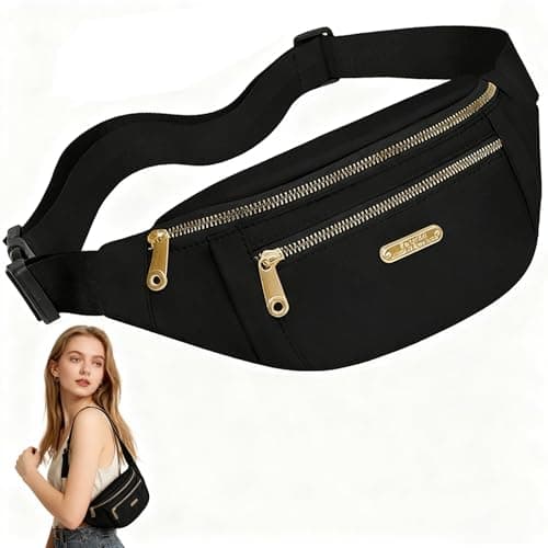 Qinsky Fashionable Fanny Pack Waist Bag Unisex Black Bum Bag - Water-Resistant Travel Pouch with 3 Zipper Pockets for Women Men Hiking Commute Essentials Secure Carry (Black)