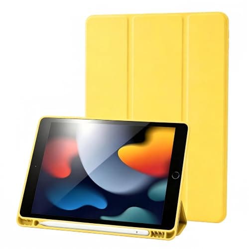 Compatible With iPad 9th/8th/7th Generation, Premium PU Leather + Soft TPU Back Case With Pencil Holder, Auto Sleep/Wake 10.2 Inch Cover 2021/2020/2019 (Yellow)