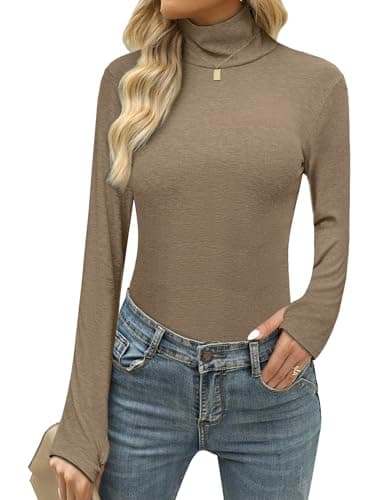 Terecey Womens Thermal Turtleneck Top Long Sleeve Thumb Hole Khaki